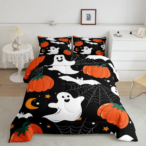 Miniatura 31 de Juego de edredón de calabaza para niños, con estampado de calabaza, estilo Halloween, juego de ropa de cama para niños, juego de ropa de cama