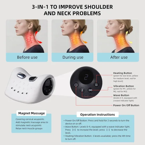 Miniatura 6 de Almohada calentada Masajeador de cuello portátil 3 en 1 Masaje de vibración al por mayor 4D Masaje profundo 6 niveles Intensidad Cuello Hombro