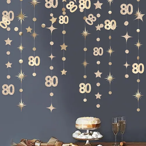 Miniatura 6 de Decoraciones negras de cumpleaños número 80, guirnalda de estrellas centelleantes con número 80, telón de fondo metálico para mujeres, hombres