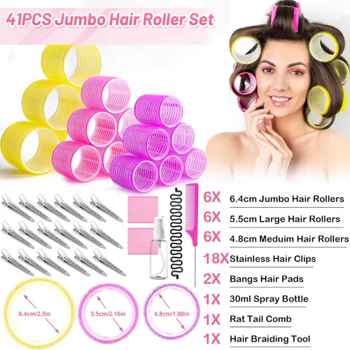 Miniatura 2 de 41 piezas de rodillos de cabello jumbo con clips, rodillos de cabello grandes con 3 tamaños 64mm 55mm 48mm, rodillo de cabello de autoagarre