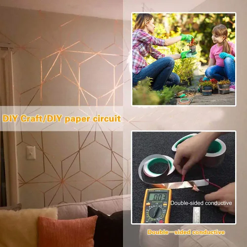 Miniatura 4 de Oubaka Paquete de 2 cintas de cobre (0.5 pulgadas x 66 pies), cinta de cobre conductora de doble cara con adhesivo para blindaje EMI, circuitos