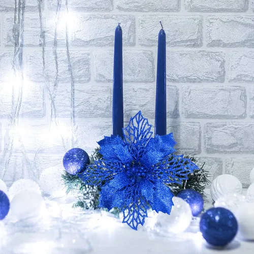 Miniatura 4 de 24 piezas de palitos de flores de Pascua artificiales de hojas de acebo de malla azul con purpurina, adornos para árbol de 5.9 pulgadas de ancho