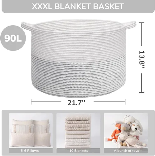 Miniatura 5 de INDRESSME - Canasta de cuerda de algodón XXXL para la ropa sucia del bebé, de 21.7 x 21.7 x 13.8 pulgadas, canasta tejida para mantas, juguetes