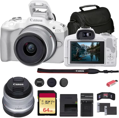 Cámara Canon EOS R50 sin espejo con lente de 18-45 mm (blanca) (5812C012) + tarjeta de memoria de 64 GB + bolsa + cargador + batería LPE17 + lector