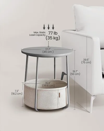 Miniatura 2 de VASAGLE Mesitas de noche, Juego de 2 Pequeñas Mesas Redondas con Cesta de Tela, Mesas de Noche, para Dormitorio, Gris Cemento y Blanco Crema