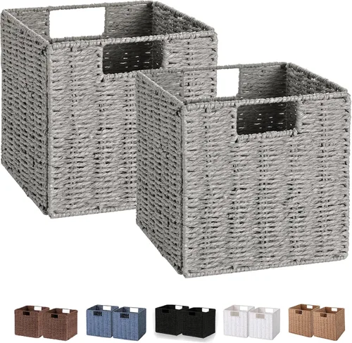 Miniatura 27 de VAGUSICC - Canastas de almacenamiento tejidas a mano, juego de 2, con asas, plegables, tipo cubo, de 13 pulgadas, grandes, de mimbre, para estantes