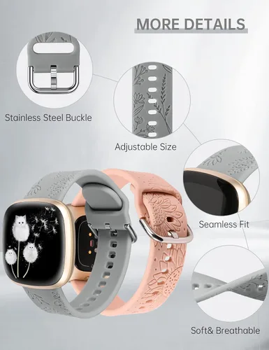 Miniatura 4 de Minyee Paquete de 2 correas grabadas florales compatibles con Fitbit Versa 4/Versa 3/Sense 2/Sense Band para mujer, lindo diseño de girasol de Gris