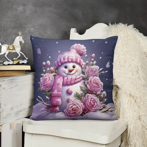 Miniatura 13 de Funda de cojín de muñeco de nieve con rosas rosadas, bufanda y sombrero, funda de almohada para cama, decoración moderna para sofá, dormitorio, sala
