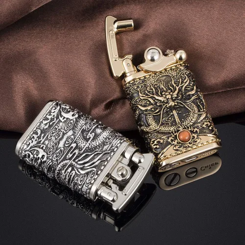 Miniatura 6 de Dragón chino Tipo antiguo Llama suave balancín brazo queroseno encendedor (dorado)