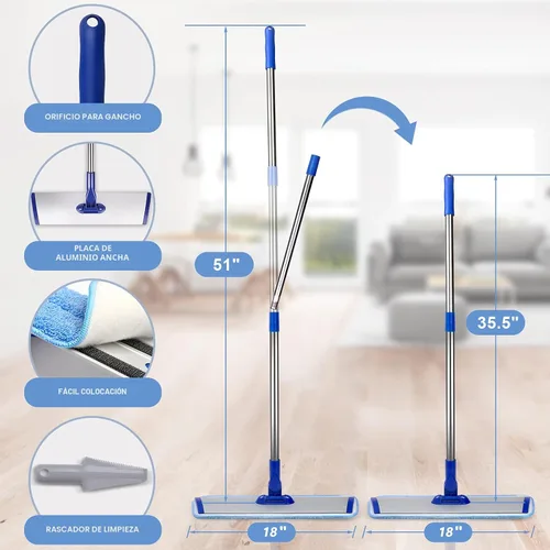 Miniatura 3 de Sistema de limpieza profesional de piso de microfibra de 18 pulgadas, trapeador plano con mango de acero inoxidable, 4 almohadillas lavables Azul