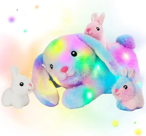 Hopearl Conejo de peluche LED con luces, juguete de peluche con mamá y 3 bebés en su barriga, nana animada, calmante para mamá, niños pequeños,