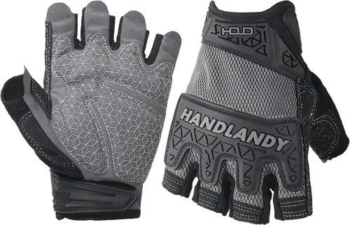 Miniatura 15 de HANDLANDY Guantes tácticos de impacto sin dedos para hombre, guantes de trabajo con agarre acolchado de medio dedo, guantes de conductor de Verde