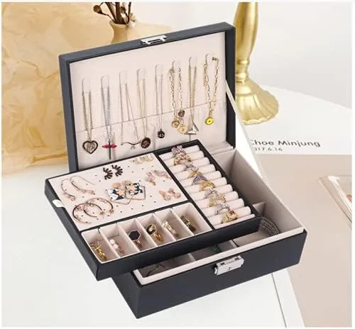 Miniatura 6 de Joyero para mujer cuero con candado organizador portátil de joyas de 2 capas y caja de almacenamiento collares pulseras anillos soporte para aretes
