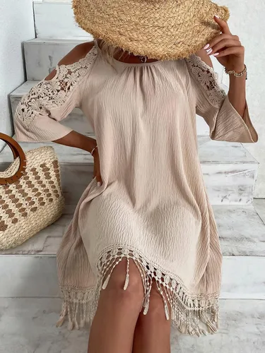 Miniatura 3 de WDIRARA Vestido corto de encaje con hombros descubiertos y cuello redondo, dobladillo con flecos para mujer