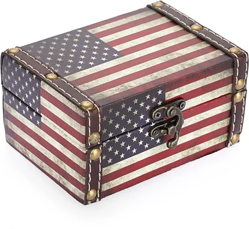 Hipiwe Cofre del tesoro de la bandera estadounidense, caja de madera vintage + piel sintética decorativa para joyas, caja de recuerdos, cajas de