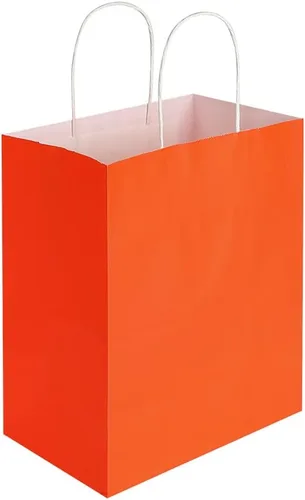 Miniatura 5 de Oikss Paquete de 100 bolsas de papel kraft naranja medianas de 8 x 4.75 x 10 pulgadas con asas a granel para cumpleaños, bodas, fiestas
