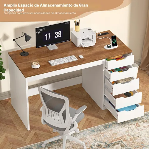 Miniatura 4 de YOMILUVE Escritorio para computadora de 47 pulgadas con 5 cajones y tomas de corriente, escritorios de oficina en casa con archivador de marrón