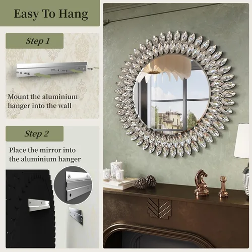 Miniatura 7 de Kelly Miller Espejo redondo con joyas para decoración de pared, espejo de pared decorativo moderno de 26 pulgadas con diamantes de lujo, espejo