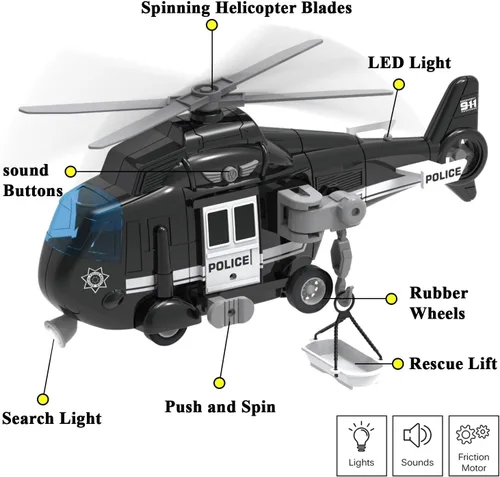 Miniatura 5 de Liberty Imports Helicóptero de rescate policial con motor de fricción para niños Chopper Push and Go con luces de acción y sonidos de juego