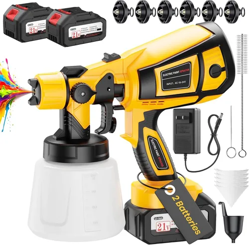 Pulverizador de pintura inalámbrico con 2 baterías, kit de pistola de pintura manual HVLP de 650 W de 21 V, 6 boquillas y 3 patrones de