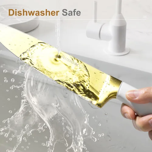 Miniatura 3 de Astercook Juego de cuchillos de cocina de 15 piezas, con revestimiento de titanio dorado saludable, juego de cuchillos de espiga completa con bloque