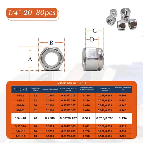Miniatura 2 de Tuercas de bloqueo de nailon de 1/4 "-20, 30 tuercas de bloqueo hexagonales de acero inoxidable SAE 304, reutilizables, antisueltas, resistentes a