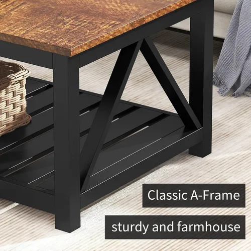 Miniatura 6 de Mesa de café ChooChoo negra, mesa rústica vintage con estante para sala de estar, 40 pulgadas