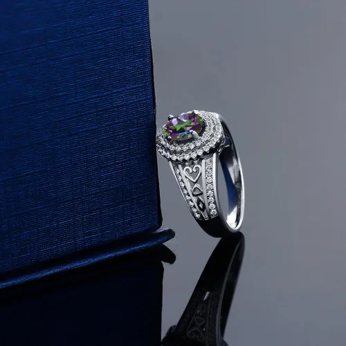 Miniatura 13 de Anillo de compromiso con halo de piedra preciosa y piedra natal en plata chapada en oro amarillo de 18 quilates, ovalado, 0.236 x 0.157 pulgadas