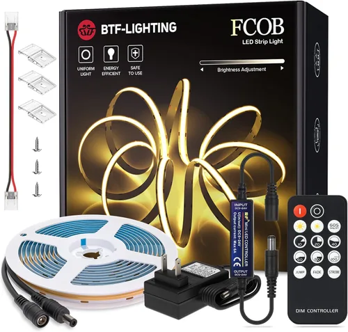 BTF-LIGHTING COB - Tira de luz LED de 24 V, 16.4 pies, 3000 K, blanco cálido, regulable, de alta densidad, cinta flexible con control remoto y