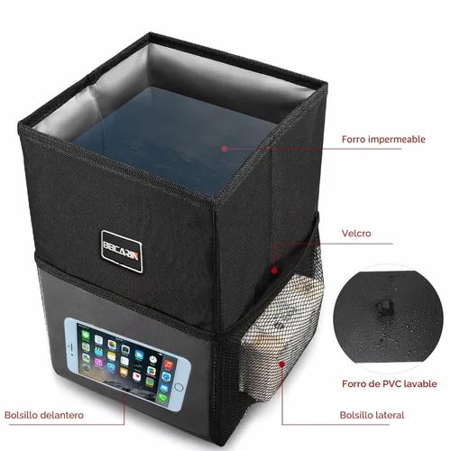 Miniatura 3 de Cubo de basura para automóvil con tapa - Bolsa de basura colgante con bolsillos de almacenamiento a prueba de fugas, organizador de SUV plegable