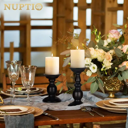 Miniatura 4 de Nuptio Portavelas negro para velas de pilar - Juego de 2 portavelas rústicos Soporte de velas de metal alto Portavelas de pilar retro de otoño