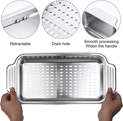 Miniatura 3 de uxcell Colador extensible sobre el fregadero, cesta de lavado de frutas y verduras colador ajustable para cocina de acero inoxidable plateado