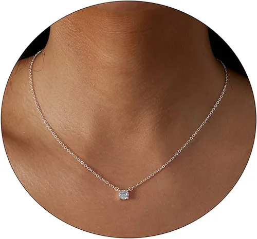 ASCOMY Delicado collar con colgante solitario de diamante de circonita cúbica para mujer, chapado en oro de 14 quilates, redondo y cuadrado,