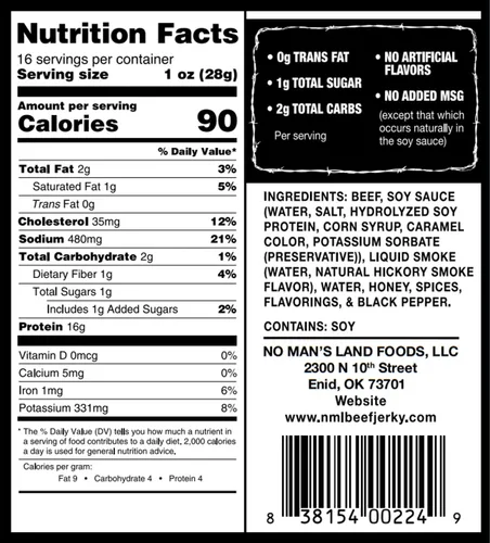 Miniatura 3 de No Man's Land Beef Jerky - Bocadillo de Carne de Res Bajo en Calorías, Bajo en Carbohidratos, Alto en Proteínas - Sabor PIMIENTA NEGRA 16oz