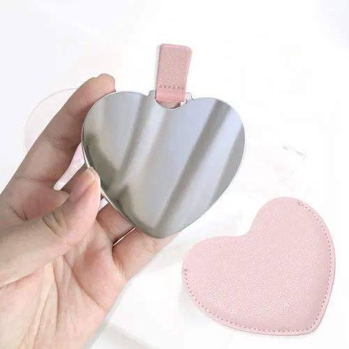 Miniatura 5 de Espejo compacto de acero inoxidable, espejo de bolsillo inastillable en forma de corazón con funda de piel sintética, mini espejo irrompible