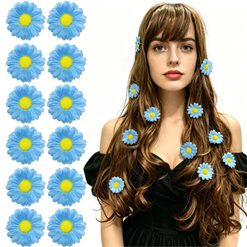 [Paquete de 12] Pinza para el cabello lateral con mini flores de margarita dulce para mujer, accesorio para el cabello de dama de honor con flores
