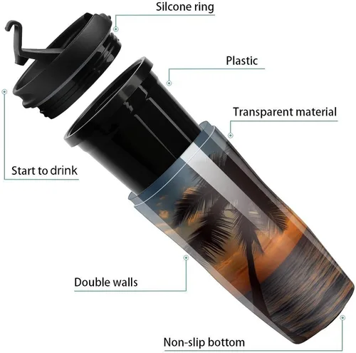 Miniatura 2 de Sunset Palm Tree Ocean Coffee Cup Hot Coffee Travel Mug Reusable Iced Coffee Cups Double Heat Insulation Coffee Mug with Leak-Proof Lid Stylish