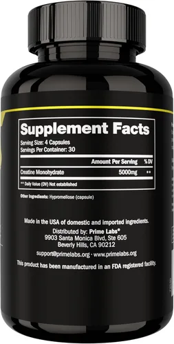 Miniatura 8 de Prime Labs Cápsulas de monohidrato de creatina - 5g (5000mg) - Crecimiento muscular, recuperación, función cerebral - para hombres y mujeres - 120