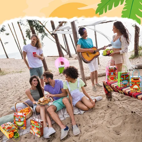 Miniatura 6 de 24 bolsas de regalo para fiesta Luau, bolsas de papel Aloha hawaianas, bolsas de regalo para fiesta Tiki, bolsas de regalo tropicales con asas