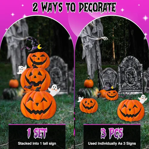 Miniatura 2 de Estacas de jardín de Halloween de 39.8 pulgadas, calabazas de metal apiladas, decoración de césped con sombrero de bruja, letreros de metal