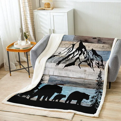 Miniatura 9 de Manfei Manta de oso negro con silueta de árbol para sofá, manta de cama temática de aventura de montaña para niños y adolescentes, decoración