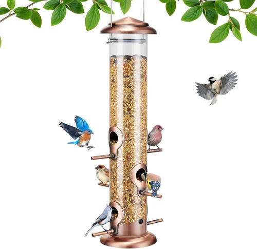 Miniatura 8 de Kingsyard Comederos Metálicos para Pájaros para Exteriores Colgantes, Comedero de Tubo para Pájaros con 6 Puertos de Alimentación, 15 Pulgadas, A