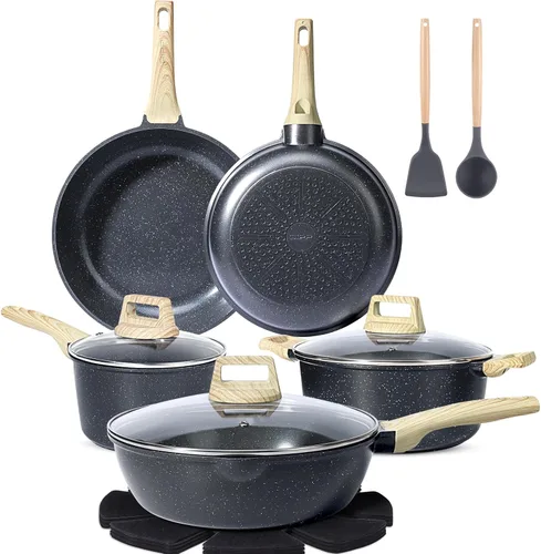 GiPP Juego de ollas y sartenes antiadherentes - 10 piezas de juegos de utensilios de cocina de granito blanco antiadherentes, utensilios de cocina