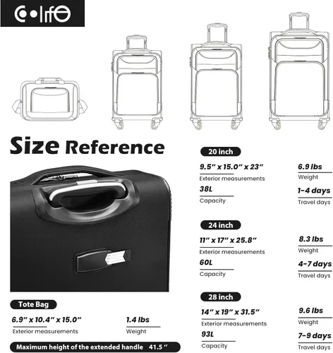 Miniatura 7 de Coolife Equipaje 4 piezas Maleta TSA Lock Spinner Softshell ligero, Negro+Azul