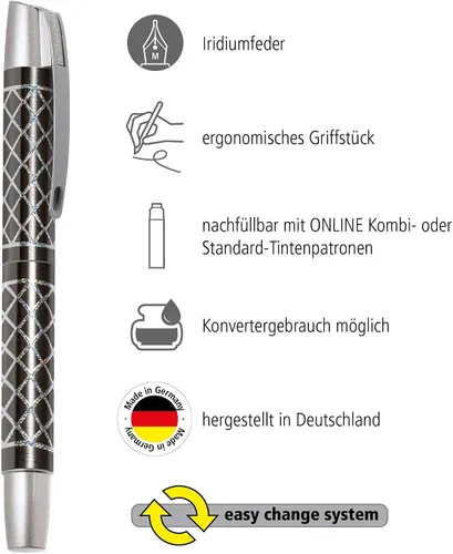 Miniatura 2 de Online Pluma estilográfica ergonómica para escuela/universidad – Campus Feel Grey – Punta media sólida, parte de agarre suave, para cartuchos