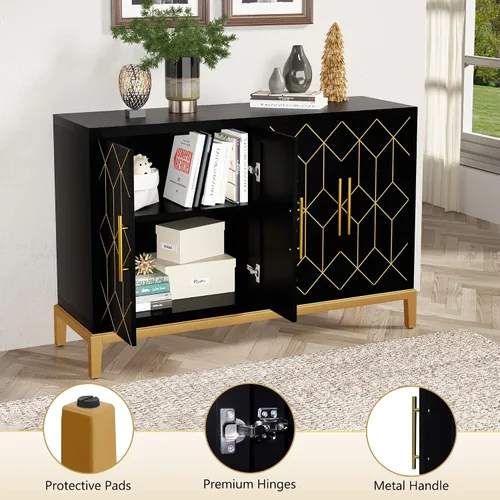 Miniatura 8 de HLR Gabinete de Acento con 4 Puertas y Estantes, Gabinete Aparador Buffet con Ribete Dorado, Almacenamiento Negro Moderno para Sala de Estar