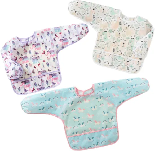 Paquete de 3 baberos impermeables de manga larga para bebé, cobertura completa, delantal con bolsillo, de 6 a 30 meses