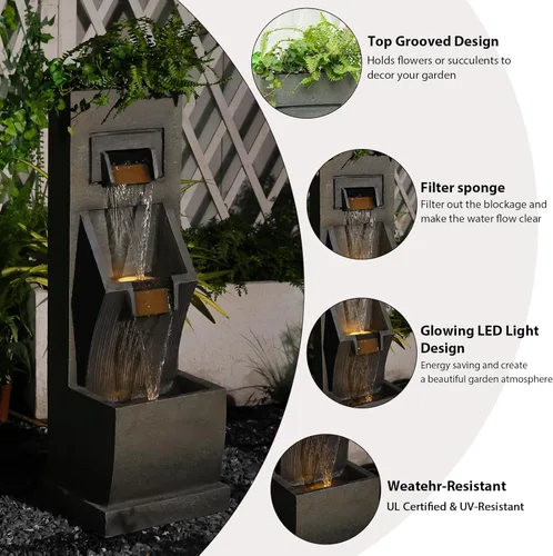 Miniatura 6 de Fuente de agua moderna de 3 niveles para interior/exterior de 35" de alto con luces LED y bomba, cascada en cascada independiente al aire libre