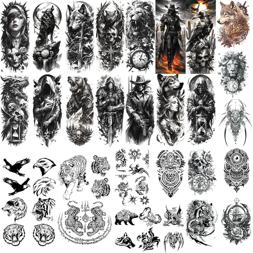 Miniatura 10 de Tatuaje temporal de brazo completo de Halloween para hombres y mujeres, 12 hojas de tatuajes temporales de manga de esqueleto de calavera, tatuajes