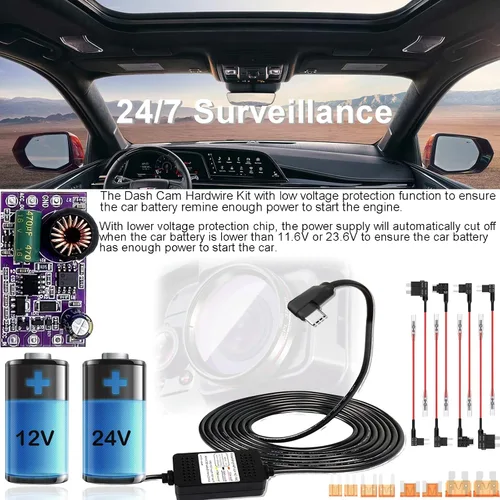 Miniatura 5 de Kit de cable duro para cámara de salpicadero de automóvil, cargador USB tipo C, kit de cable duro para cámara de salpicadero DC 12-24V a 5V/3A